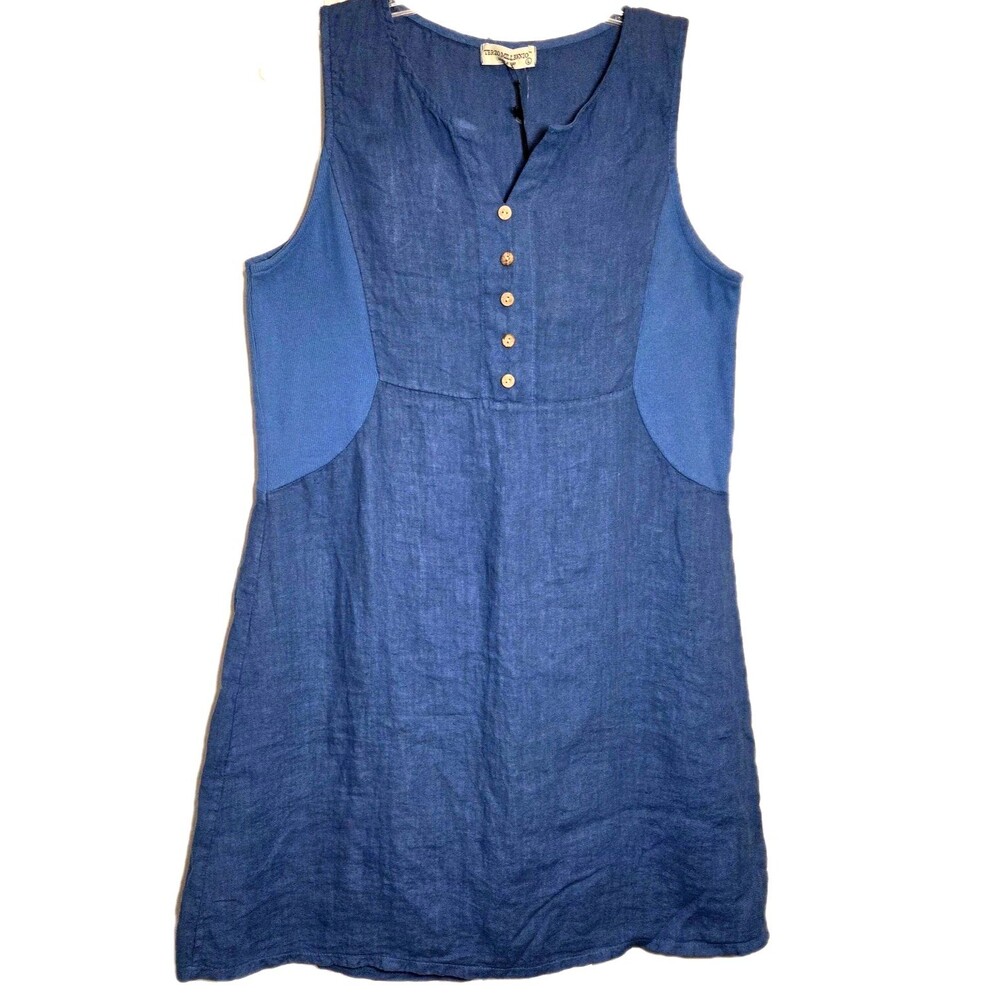 Terzo Millennio Dress Blue Sleeveless Linen Cotton Shift Italy Sz L NWT